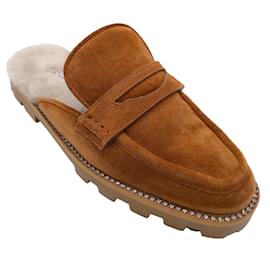 Jimmy Choo Ronnie Tan / Chinelas planas de ante suave con forro de piel de oveja adornado con cristales naturales Camello