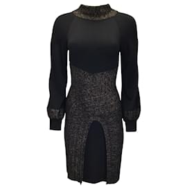 Chanel-Chanel 2010 Paris Byzance Black / Gold Metallic Shimmer Detail Long Sleeved Fitted Wool Knit Dress-Black