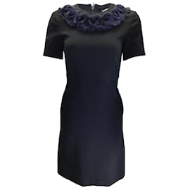Fendi-Fendi Black / Robe en crêpe à manches courtes et col en fourrure de vison bleu marine-Noir