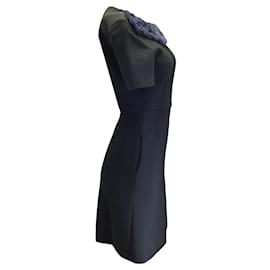 Fendi-Fendi Black / Robe en crêpe à manches courtes et col en fourrure de vison bleu marine-Noir