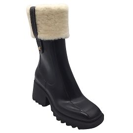 Chloé Chloe Betty Black / Ivory Shearling Trimmed Rubber Boots Black