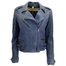 Burberry Brit Sandfield Canvas Blue Suede Leather Moto Zip Biker Jacket Blue