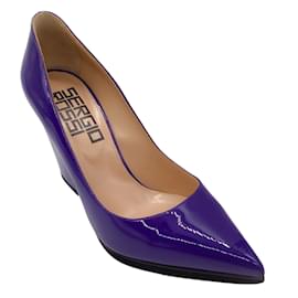 Sergio Rossi-Sergio Rossi Purple Pointed Toe Block Heel Patent Leather Pumps-Purple