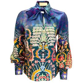 Blusa de seda azul multi estampada manga comprida com decote em gravata Peter Pilotto Multicor