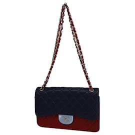 Chanel-Chanel Jumbo Tricolor Classic Double Flap in Blue and Red Lambskin Leather-Blue
