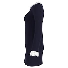 Victoria Beckham-Mini abito a trapezio Victoria Beckham in lana blu navy con finiture in pizzo sangallo-Blu navy