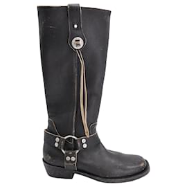 Balenciaga-Balenciaga Santiago Distressed Knee-high Motorcycle Boots in Black Calfskin Leather-Black
