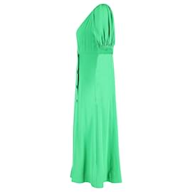 Ganni-Ganni Robe portefeuille mi-longue à manches bouffantes en viscose verte-Vert