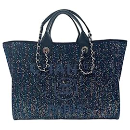 Chanel-Chanel Deauville Shopping Bag blue sequins silver hardware-Blue