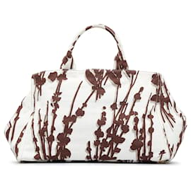 Prada-Prada White Canapa Stampata Shopping Satchel-Brown,White