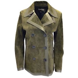 Tom Ford Olive Green lined Breasted Leather Trimmed Suede Jacket Green