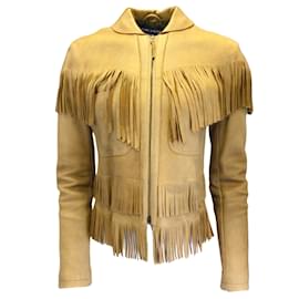 Ralph Lauren-Ralph Lauren Blue Label Mustard Yellow Fringed Detail Full Zip Distressed Leather Jacket-Yellow