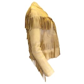 Ralph Lauren-Ralph Lauren Blue Label Mustard Yellow Fringed Detail Full Zip Distressed Leather Jacket-Yellow