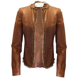 Yves Saint Laurent-Yves Saint Laurent Rive Gauche Vintage Brown / Brass Ring Embellished Leather Jacket-Brown