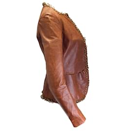 Yves Saint Laurent-Yves Saint Laurent Rive Gauche Vintage Brown / Brass Ring Embellished Leather Jacket-Brown