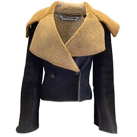 Barbara Bui Black / Tan Oversized Collar Shearling Lined Sheepskin Leather Jacket Black