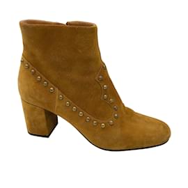 Saint Laurent-Saint Laurent Mustard Yellow / Antiqued Gold Studded Suede Ankle Boots-Yellow