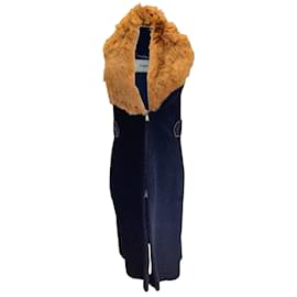 Fendi-Fendi Black / Tan Alpaca Fur Collar Mid-Length Lamb Shearling Vest-Black