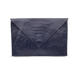 Fendi-Vintage Black Embossed Portfolio Envelope Clutch Bag with Strap-Black