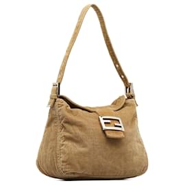 Fendi-Sac à bandoulière à rabat doublé en velours côtelé marron Fendi-Marron,Beige