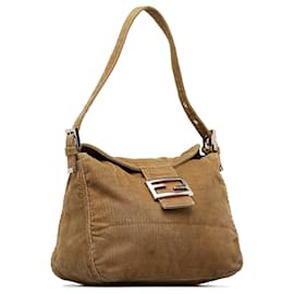 Fendi-Sac à bandoulière à rabat doublé en velours côtelé marron Fendi-Marron