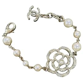 Chanel-Chanel Gold Camellia and Faux Pearl Bracelet-Silvery