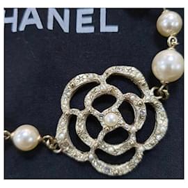 Chanel-Chanel Gold Camellia and Faux Pearl Bracelet-Silvery