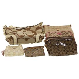 Coach Signature Shoulder Bag Pouch Canvas 6Set Beige Brown pink Auth 44676 Brown Pink Beige