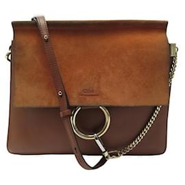 Chloé-CHLOE FAYE MM BROWN LEATHER & SUEDE BANDOULIERE LEATHER HAND BAG-Brown