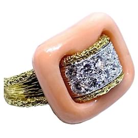 Van Cleef & Arpels-***Van Cleef & Arpels 18Anel Art Deco Coral Diamante Ouro Amarelo K-Multicor