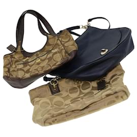 Coach-Coach Signature Shoulder Bag Canvas Leather 3Set Navy Brown Auth 44681-Brown,Navy blue