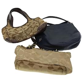 Coach-Coach Signature Shoulder Bag Canvas Leather 3Set Navy Brown Auth 44681-Brown,Navy blue