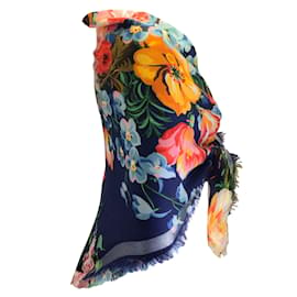 Gucci-GUCCI NAVY BLUE MULTI JOSEPHINE FLORAL PRINTED WOOL AND SILK SCARF-Blue