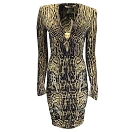 Roberto Cavalli Tan / De color negro / Vestido A media pierna con estampado de leopardo dorado y manga larga con cuello en V ajustado Camello