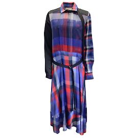 Sacai-Blau / rot / Marineblaues, langärmliges, kariertes Kleid mit Gürtel Blau