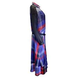 Sacai-Sacai Blue / Red / Navy Blue Belted Long Sleeved Long Plaid Dress-Blue