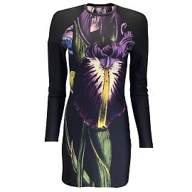 Christopher Kane Black / Lilafarbenes, langärmeliges, figurbetontes Kleid mit Blumenmuster Schwarz