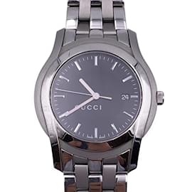 Gucci-Mod de acero inoxidable plateado 5500 Reloj de pulsera XL esfera negra-Plata