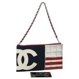 CHANEL Borsa a tracolla Choco Bar con catena Tela Navy Argento Rosso CC Auth 45611 Argento Rosso Blu navy
