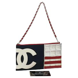 Chanel-CHANEL Chain Choco Bar Shoulder Bag Canvas Navy Silver Red CC Auth 45611-Silvery,Red,Navy blue