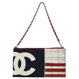 Chanel-CHANEL Chain Choco Bar Shoulder Bag Canvas Navy Silver Red CC Auth 45611-Silvery,Red,Navy blue