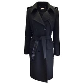 Barbara Bui Black Patent Leather Trimmed Double Breasted Belted Mid-Length Crepe Coat Black