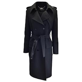 Barbara Bui-Barbara Bui Black Patent Leather Trimmed Double Breasted Belted Mid-Length Crepe Coat-Black