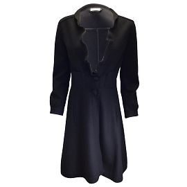 Miu Miu Black Ruffled Detail Flared Wool Coat Black