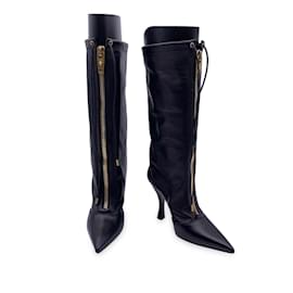 Versace-Stivali con tacco in pelle nera con zip centrale 36-Nero
