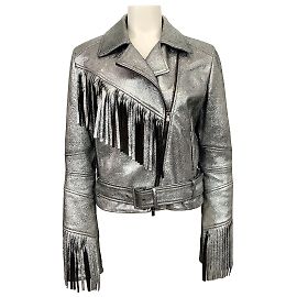 Drome Silber-Metallic-Lederjacke mit Fransen Silber