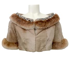 Valentino-Valentino Beige Broadtail Chinchilla Cropped Jacket with Jewel Embellished Neckline-Beige