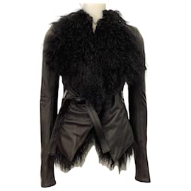 Autre Marque-Gareth Pugh Black Leather Wrap Jacket with Lamb Collar-Black