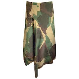 Victoria Beckham-Victoria Beckham Green Multi Camo Print Asymmetrical Hem Cotton Midi Skirt-Green