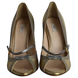 Prada-Prada Crystal Embellished Heel Peep Toe Pumps in Gold Leather-Golden